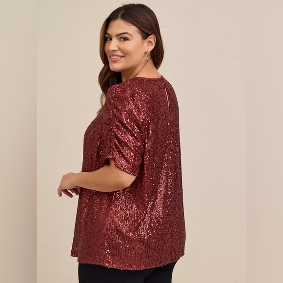 Torrid 2X Brown Sequin Ruched Sleeve Blouse Top - Picture 5 of 12